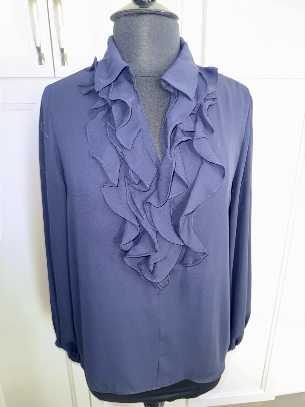 Elie Tahari Navy Ruffle V-Neck Blouse